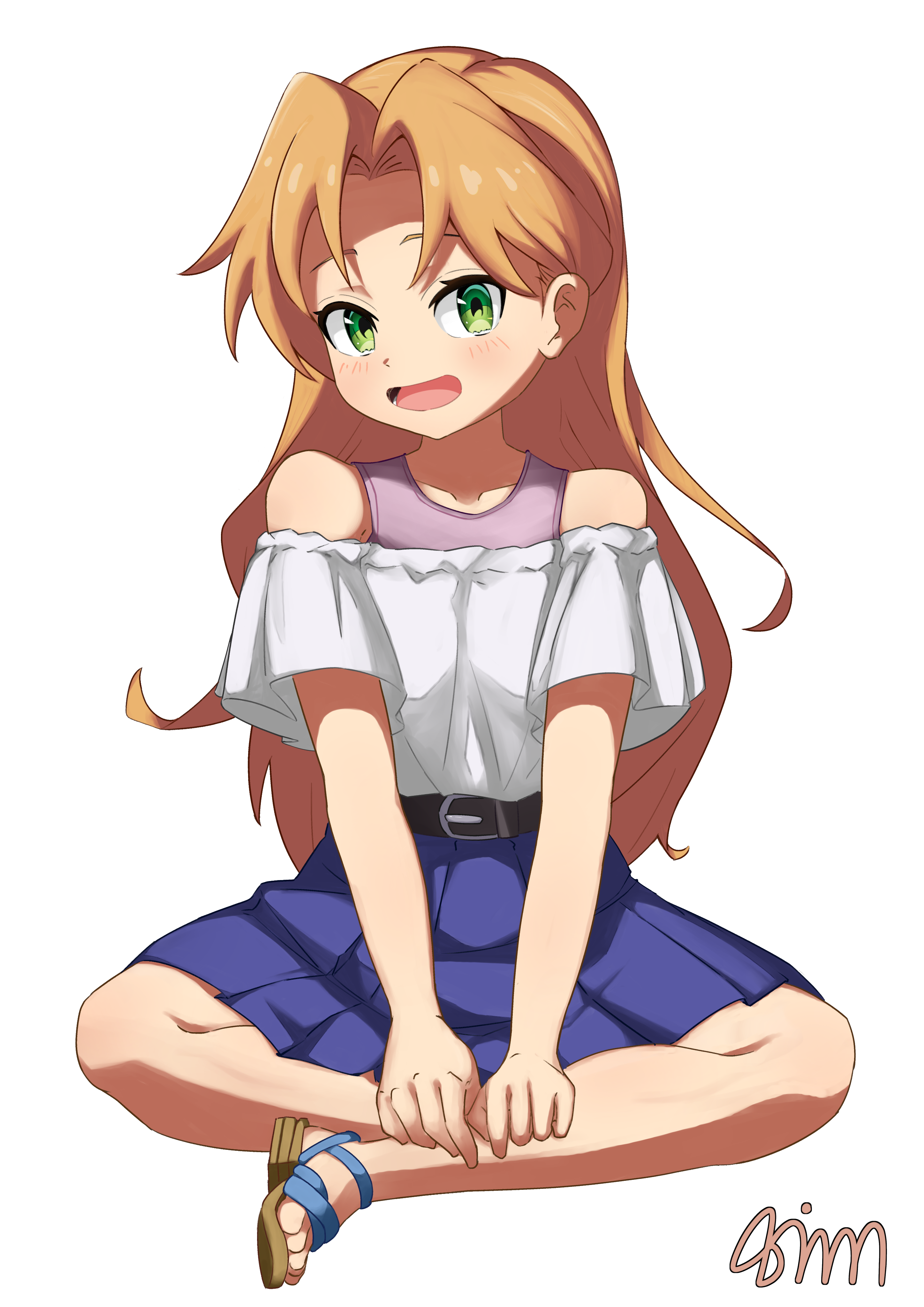 abi ervin, tanigawa ruri, ruri no houseki, absurdres, commentary, highres, 1girl, :d, bare legs, belt, blonde hair, blue skirt, collarbone, green eyes, hands on own leg, indian style, light blush, long hair, looking at viewer, no socks, off-shoulder shirt, off shoulder, open mouth, pleated skirt, sandals, shirt, signature, simple background, sitting, skirt, smile, solo, toes, very long hair, white background, white shirt
