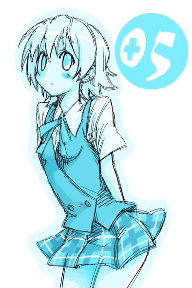 mikami komata, mikami konu, izumi ako, mahou sensei negima!, 00s, 1girl, aqua theme, blue theme, cross, female focus, monochrome, numbered, plaid clothes, plaid skirt, red cross, sketch, skirt, solo