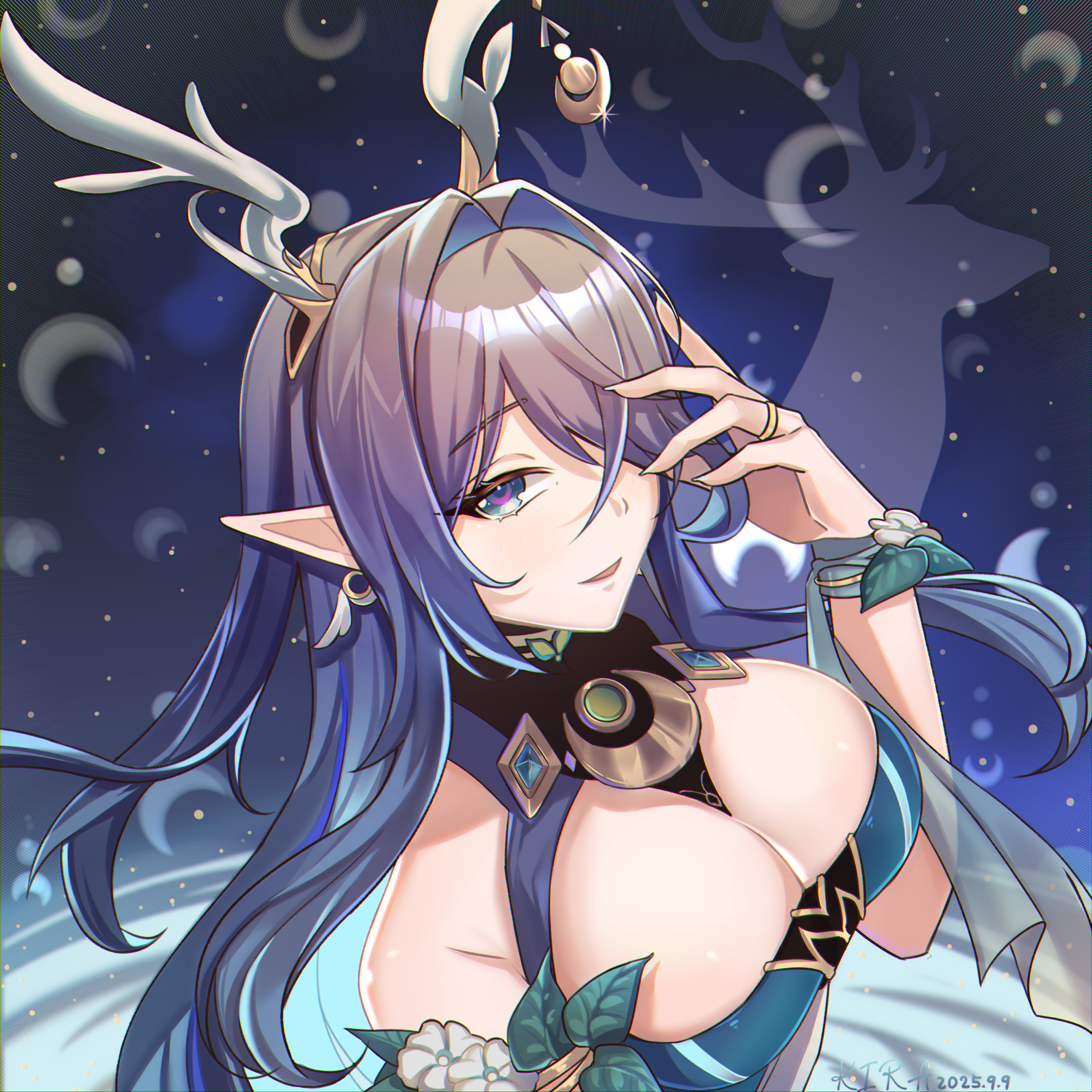 41008030, lauma (genshin impact), genshin impact, absurdres, highres, 1girl, antlers, breasts, dress, green dress, green eyes, hair over one eye, horns, large breasts, long hair, looking at viewer, open mouth, pointy ears, purple hair, reindeer antlers, signature, sleeveless, sleeveless dress, smile, solo, upper body, very long hair