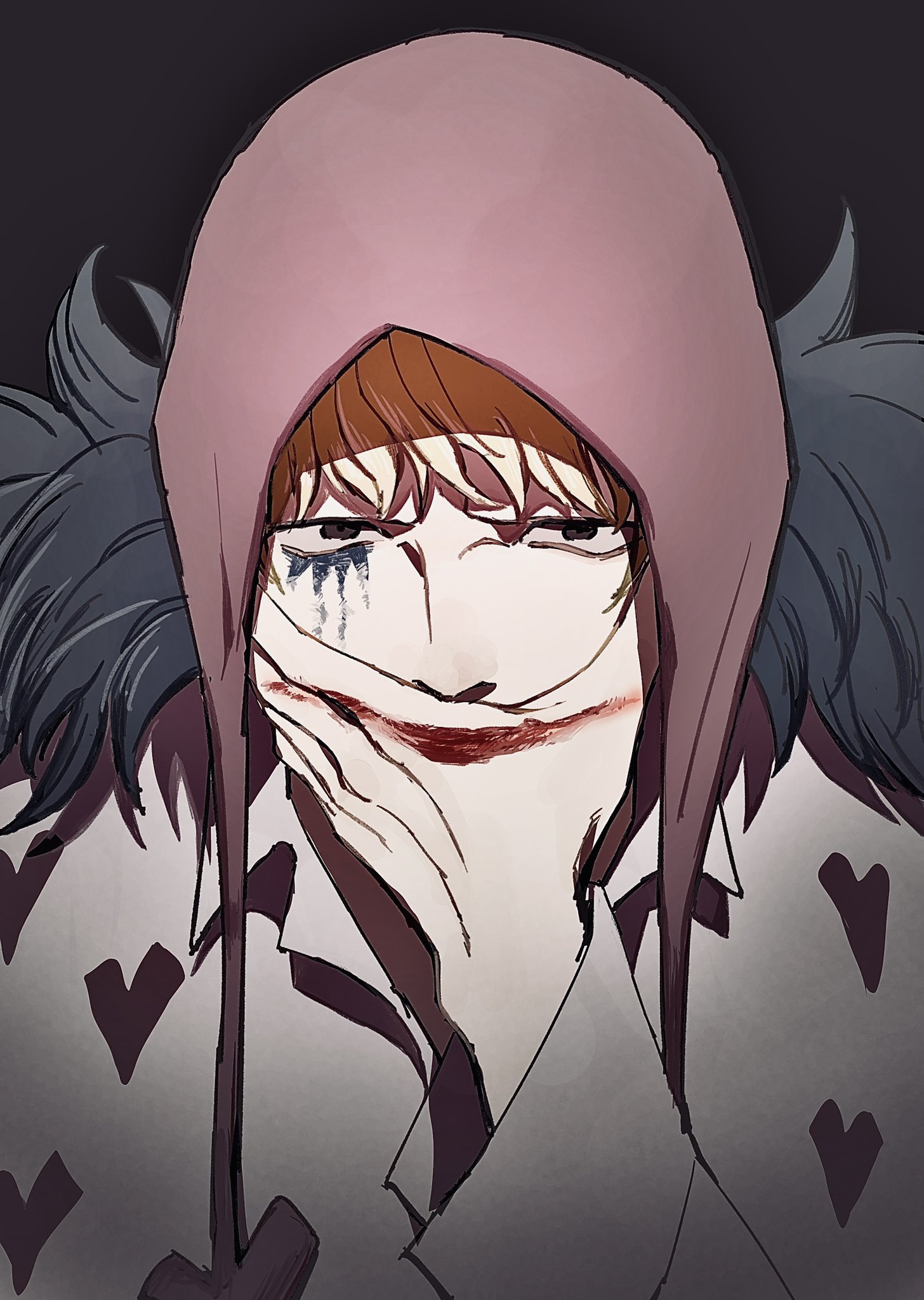 oh imo, donquixote rocinante, one piece, highres, 1boy, black background, blonde hair, feather cape, heart, heart print, hood, looking at viewer, makeup, male focus, short hair, simple background, solo, upper body