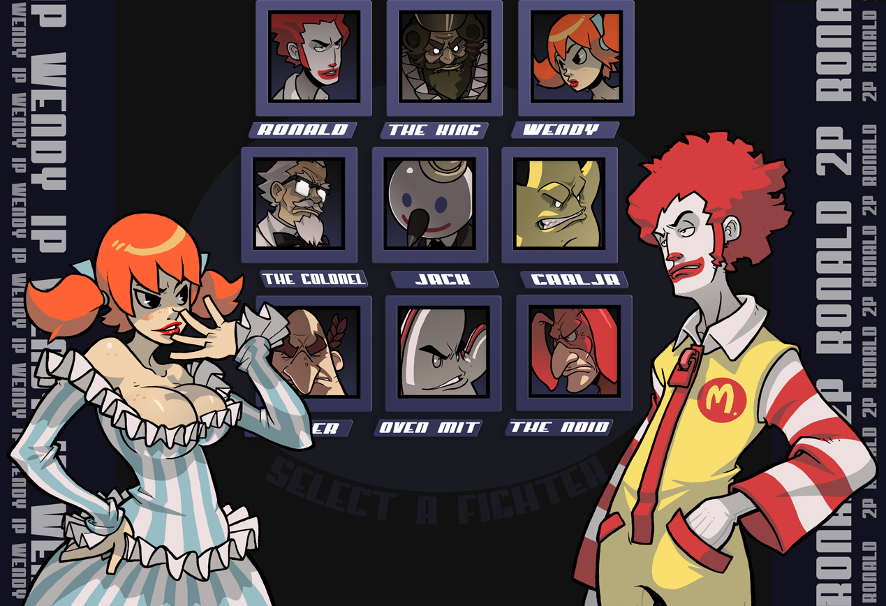 douglas harvey, colonel sanders, jack box, little caesar, oven mit (arby's), ronald mcdonald, the king, the noid, wendy (wendy's), arby's, burger king, carl's jr., domino's pizza, jack in the box (restaurant), kfc, little caesars, mcdonald's, wendy's, 1girl, 6+boys, afro, body freckles, breasts, character select, dress, epic, fake screenshot, fast food, fighting game, freckles, glasses, large breasts, multiple boys, parody, product girl