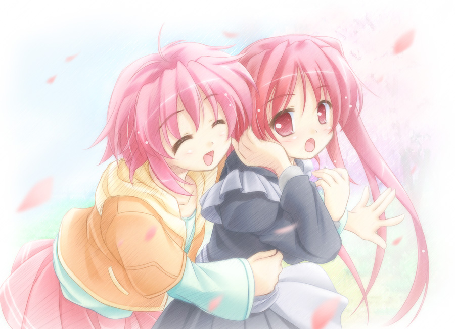 tomo no shippo, aizawa misaki, nire sumika, haruka ni aogi uruwashi no, original, 2girls, :o, adjusting hair, ahoge, blush, cherry blossoms, closed eyes, from behind, happy, hug, jacket, long hair, multiple girls, petals, pink eyes, pink hair, short hair, skirt, spring (season), surprised, wind