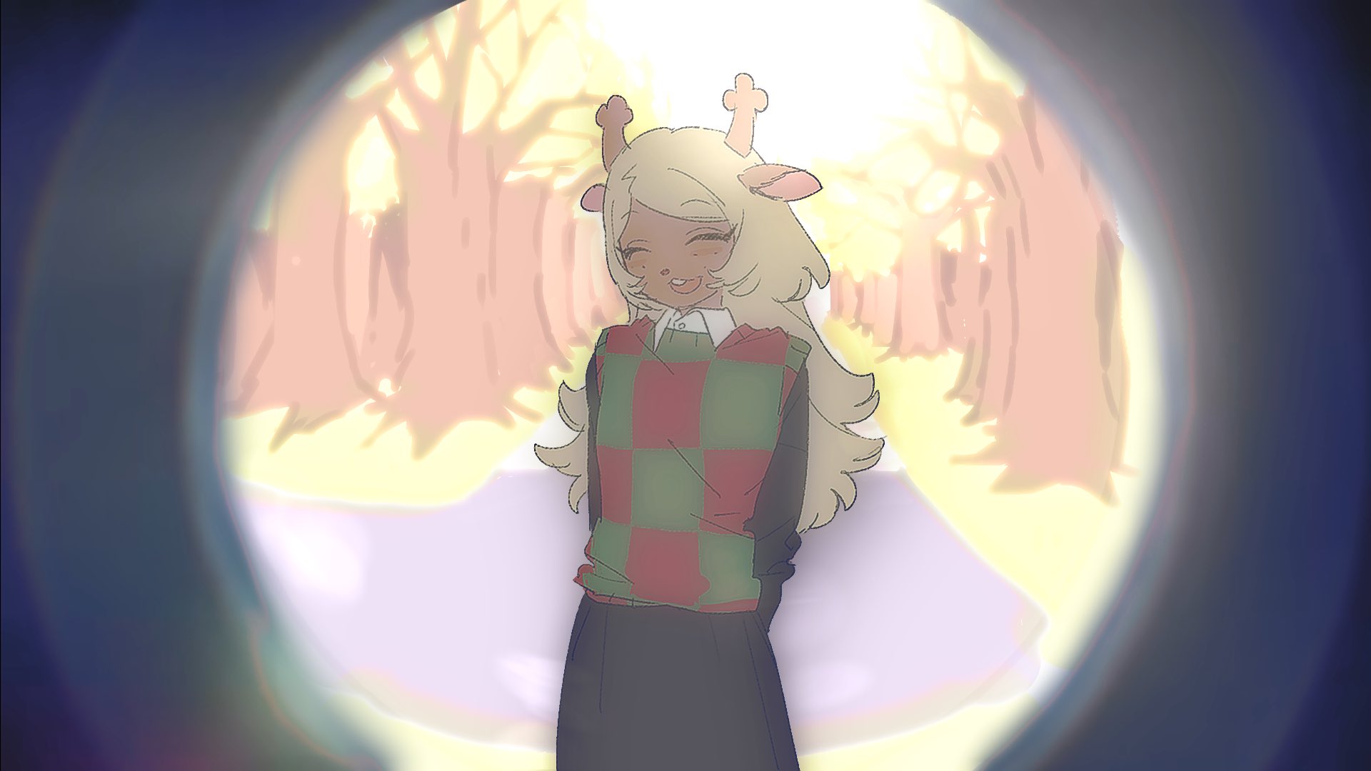 laz (wancchaco), noelle holiday, deltarune, utdr (toby fox), commentary, hashtag-only commentary, highres, 1girl, animal ears, antlers, arms behind back, blonde hair, checkered sweater vest, closed eyes, deer antlers, deer ears, deer girl, horns, long hair, open mouth, pov peephole, smile, solo, tree