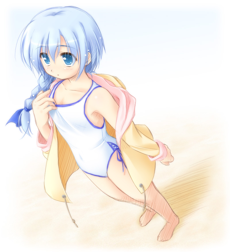 tomo no shippo, takatsuki tonoko, haruka ni aogi uruwashi no, original, beach, blue eyes, blue hair, braid, flat chest, long hair, off shoulder, one-piece swimsuit, raincoat, single braid, sketch, solo, swimsuit