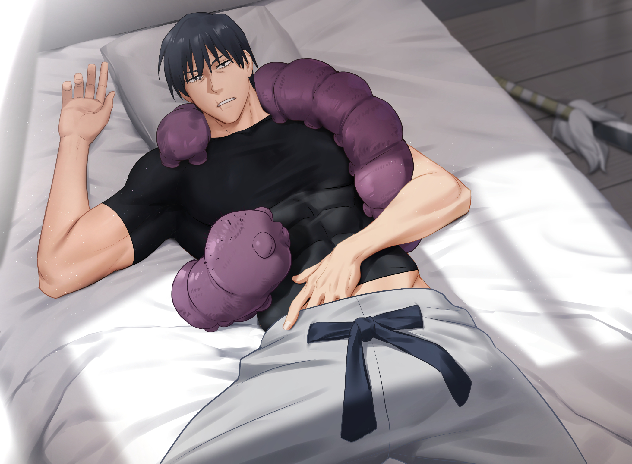 bchlmnr, fushiguro touji, inventory curse (jujutsu kaisen), jujutsu kaisen, commentary, commission, english commentary, highres, 1boy, abs, bara, black hair, black shirt, covered abs, cursed spirit (jujutsu kaisen), hair between eyes, hand in pants, looking at viewer, lying, male focus, muscular, muscular male, on back, on bed, pants, scar, scar on face, scar on mouth, shirt, short hair, solo, white pants
