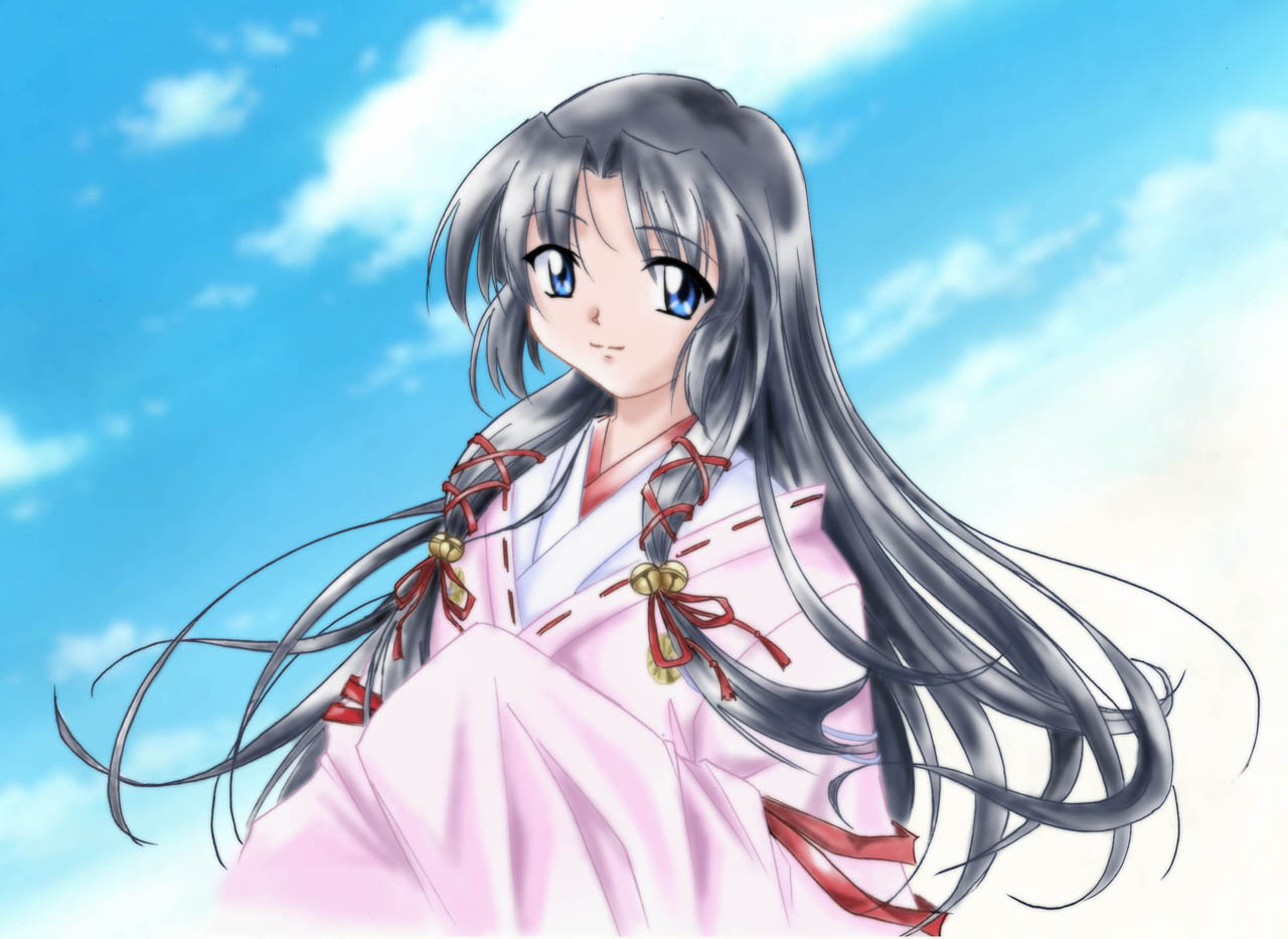 ayakaze ryuushou, kusunoki, kannabi no mikoto, air (visual novel), 00s, 1girl, black hair, day, female focus, japanese clothes, long hair, sky, solo