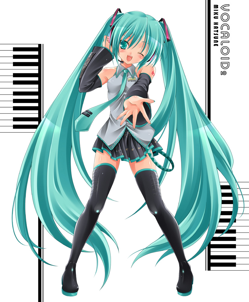 shujin, hatsune miku, vocaloid, 1girl, aqua hair, black shoes, black thighhighs, female focus, foreshortening, hair ribbon, hand on headphones, head tilt, headphones, long hair, ribbon, shoes, solo, thighhighs, thighs, twintails, very long hair, white background