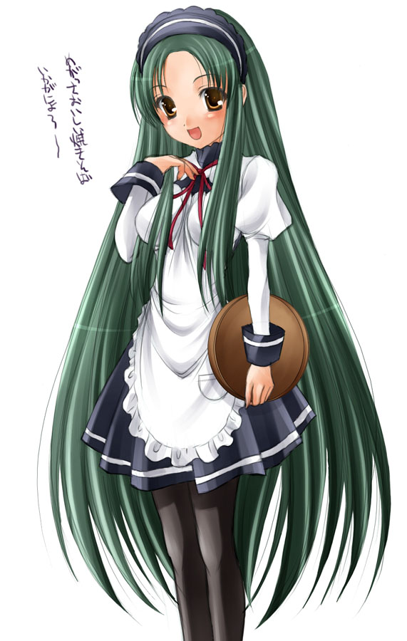 shujin, tsuruya, suzumiya haruhi no yuuutsu, translated, 00s, green hair, long hair, pantyhose, solo, very long hair, waitress