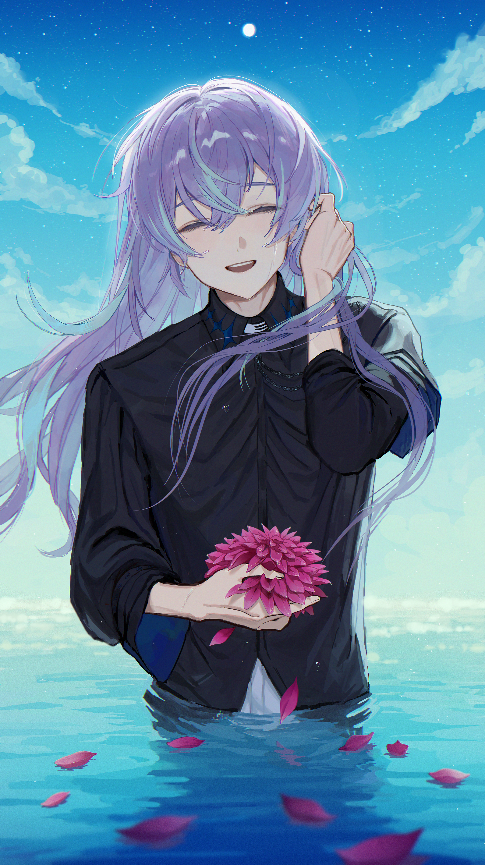 nagikiho, hoshirube sho, nijisanji, absurdres, commentary, highres, 1boy, black shirt, blue hair, blue sky, closed eyes, cloud, cowboy shot, facing viewer, flower, full moon, holding, holding flower, male focus, moon, multicolored hair, open mouth, pants, partially submerged, pink flower, purple hair, shirt, sky, smile, solo, star (sky), streaked hair, teeth, tongue, upper teeth only, virtual youtuber, white pants