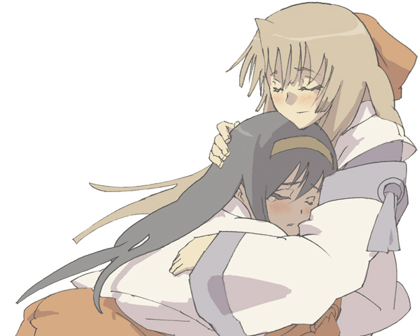 blackalpha, himemiya chikane, kurusugawa himeko, kannazuki no miko, 00s, 2girls, blonde hair, blue hair, comforting, hand on another's head, head rest, hug, japanese clothes, miko, multiple girls, ribbon, simple background, smile, tears, yuri