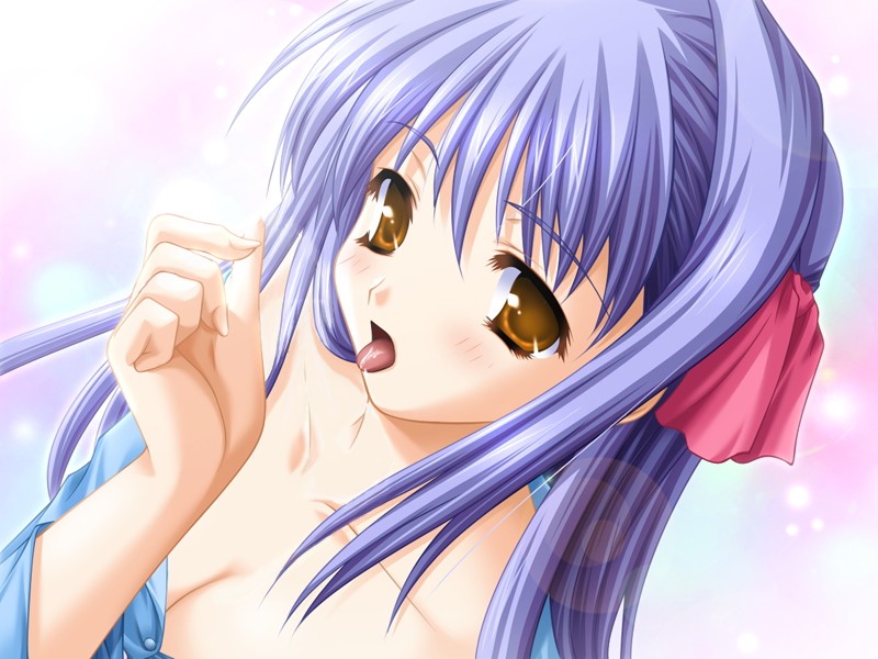 masaharu, shirase ui, floralia, ui-chan no niizuma diary, ui chan no niiduma diary, game cg, 1girl, blue hair, blush, bow, breasts, brown eyes, cleavage, female focus, medium breasts, pink bow, purple hair, ribbon, solo, tongue