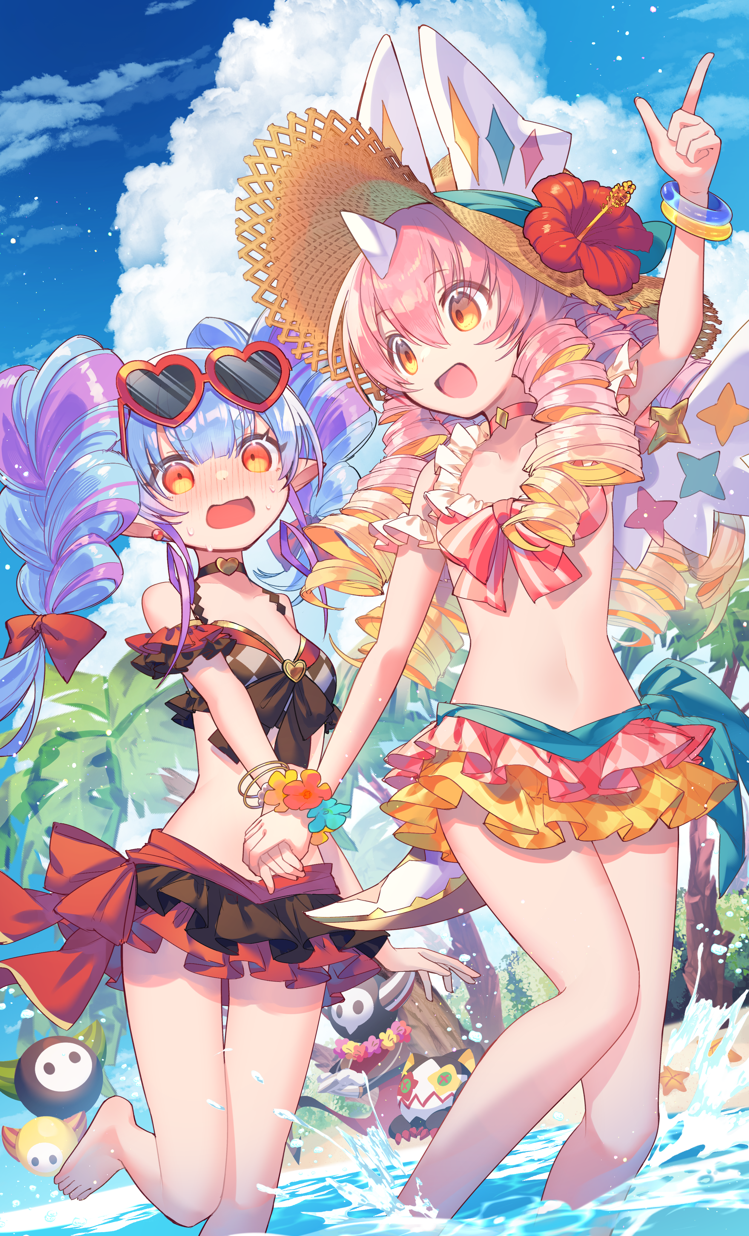 kuuron (moesann17), cotton (p&d), puzzle & dragons, absurdres, character request, highres, 2girls, :d, bikini, blue hair, blue sky, breasts, cloud, day, drill hair, eyewear on head, hat, layered bikini, long hair, looking at viewer, multiple girls, navel, ocean, open mouth, outdoors, pink hair, sky, smile, stomach, straw hat, sun hat, sunglasses, swimsuit, twintails, water, yellow eyes