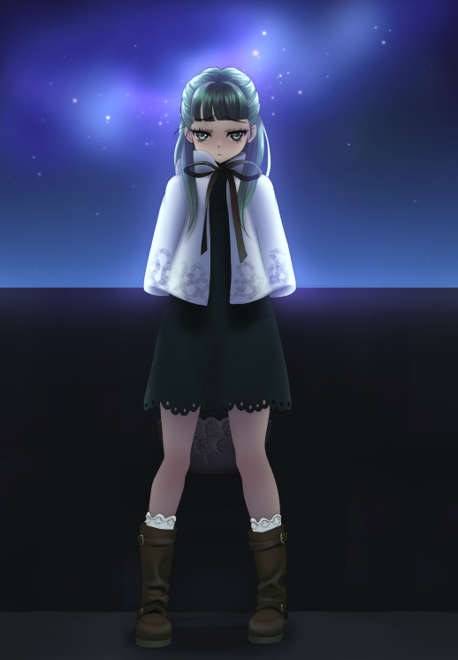 piyodera mucha, original, 1girl, ankle boots, blue hair, blunt bangs, boots, bow, buckle, female focus, frilled socks, frills, long hair, night, night sky, simple background, skirt, sky, socks, solo, star (symbol), vest, white socks