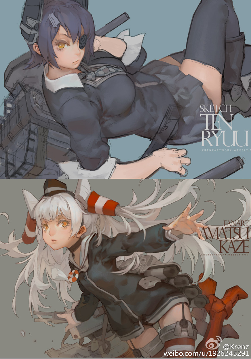 krenz, amatsukaze (kancolle), tenryuu (kancolle), kantai collection, highres, 2girls, black dress, black socks, dress, jumping, long hair, looking at viewer, multiple girls, necktie, orange eyes, purple hair, short hair, socks, white hair, yellow eyes