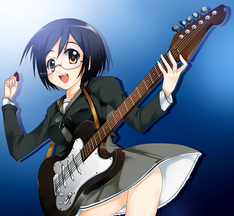 hubrael, oribe aoi, myself yourself, 00s, 1girl, electric guitar, female focus, glasses, guitar, instrument, plectrum, school uniform, serafuku, solo