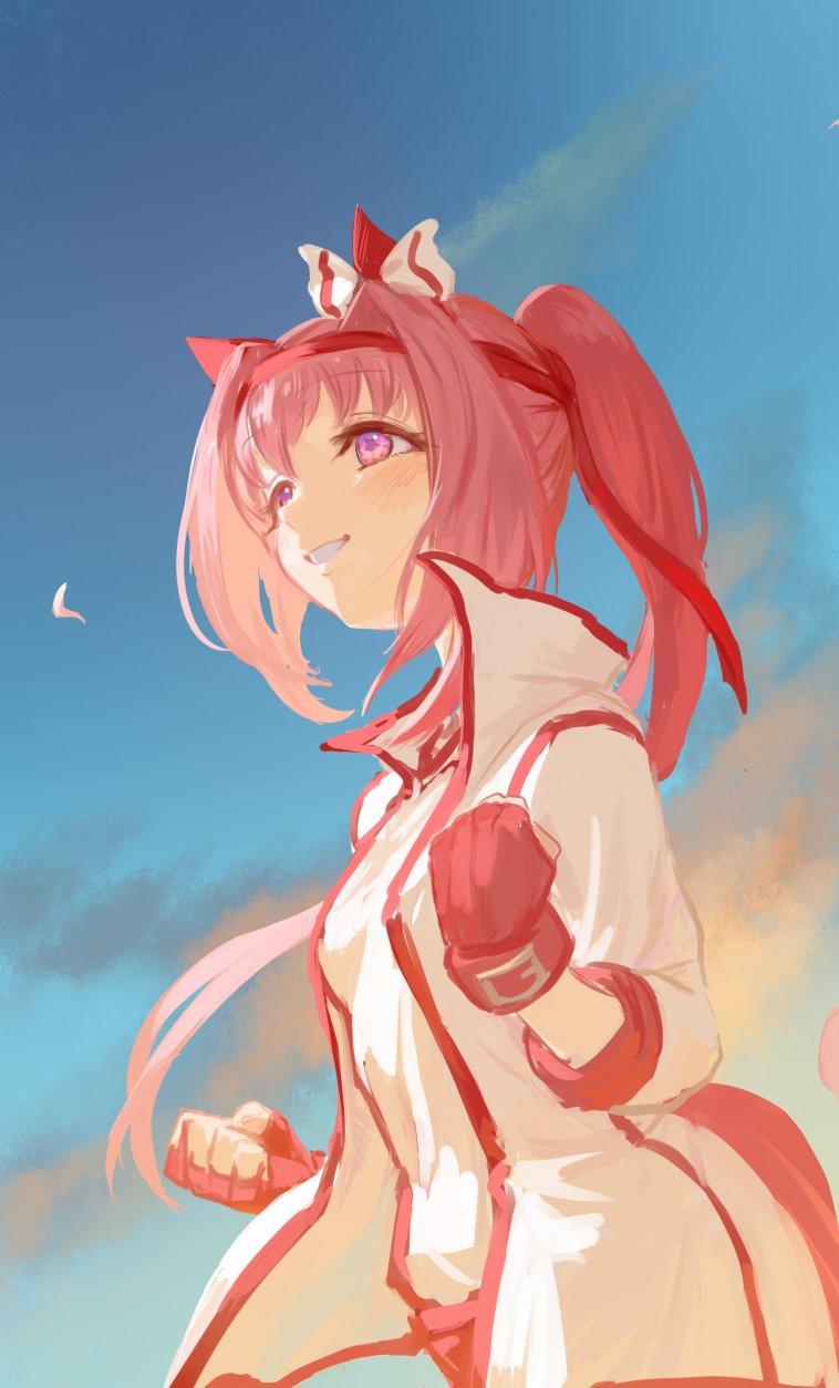 inishie kumo, haru urara (umamusume), umamusume, highres, 1girl, animal ears, blue sky, blush, bow, buruma, cloud, ear bow, ear covers, fingerless gloves, flower-shaped pupils, flower in eye, gloves, hairband, haru urara (bestest prize) (umamusume), headband, horse ears, horse girl, horse tail, jacket, long hair, open mouth, outdoors, pink buruma, pink eyes, pink hair, pink headband, ponytail, purple eyes, red buruma, red gloves, red headband, shirt, sky, smile, solo, symbol-shaped pupils, symbol in eye, tail, teeth, upper body, white jacket, white shirt