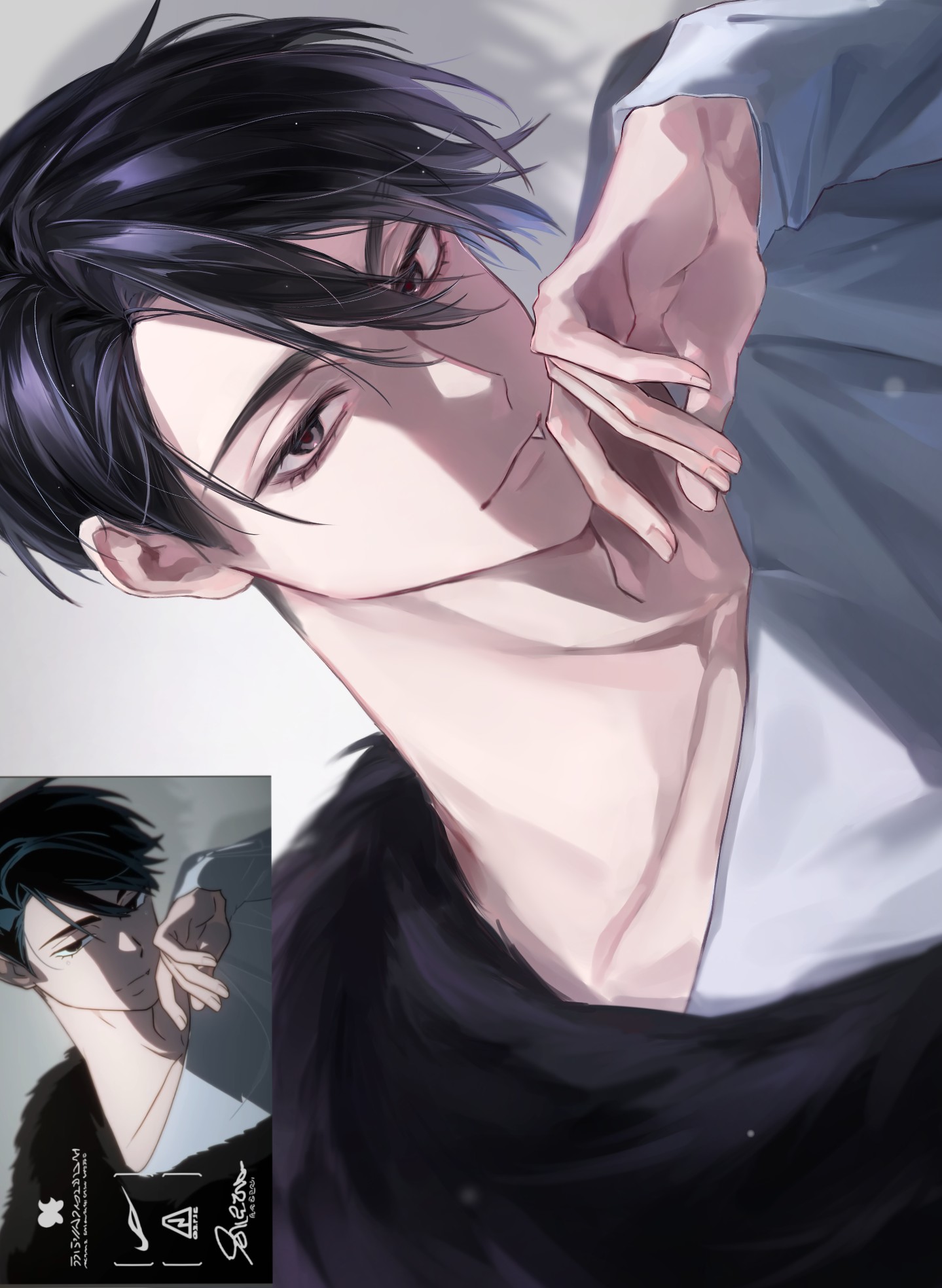 moruru 08, ivan (alien stage), alien stage, highres, 1boy, black eyes, black hair, closed mouth, fang, fang out, feather boa, looking at viewer, male focus, red pupils, reference inset, screenshot inset, shirt, short hair, solo, very short hair, white shirt