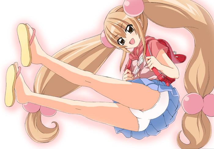 date (senpen), kokonoe rin, kodomo no jikan, 00s, 1girl, ass, backpack, bag, female focus, flip-flops, full body, hair bobbles, hair ornament, loli, long hair, panties, pantyshot, pinup (style), randoseru, sandals, solo, underwear, very long hair