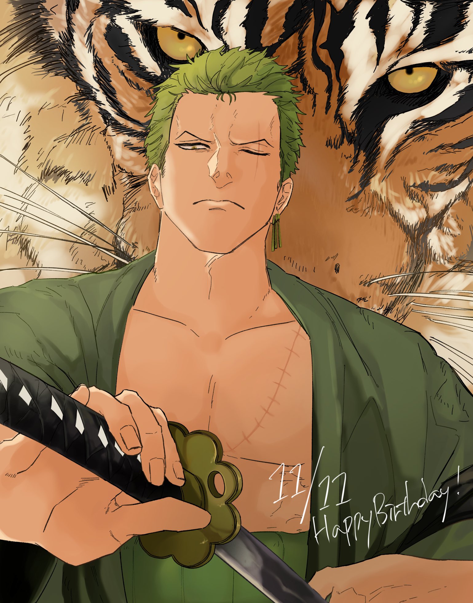 roronoa zoro, one piece, commentary request, highres, 085reed, 1boy, animal, closed mouth, dated, earrings, green hair, green kimono, happy birthday, holding, holding sword, holding weapon, japanese clothes, jewelry, kimono, looking at viewer, male focus, scar, scar across eye, scar on face, short hair, solo, stitched face, stitched torso, stitches, sword, tiger, upper body, v-shaped eyebrows, weapon