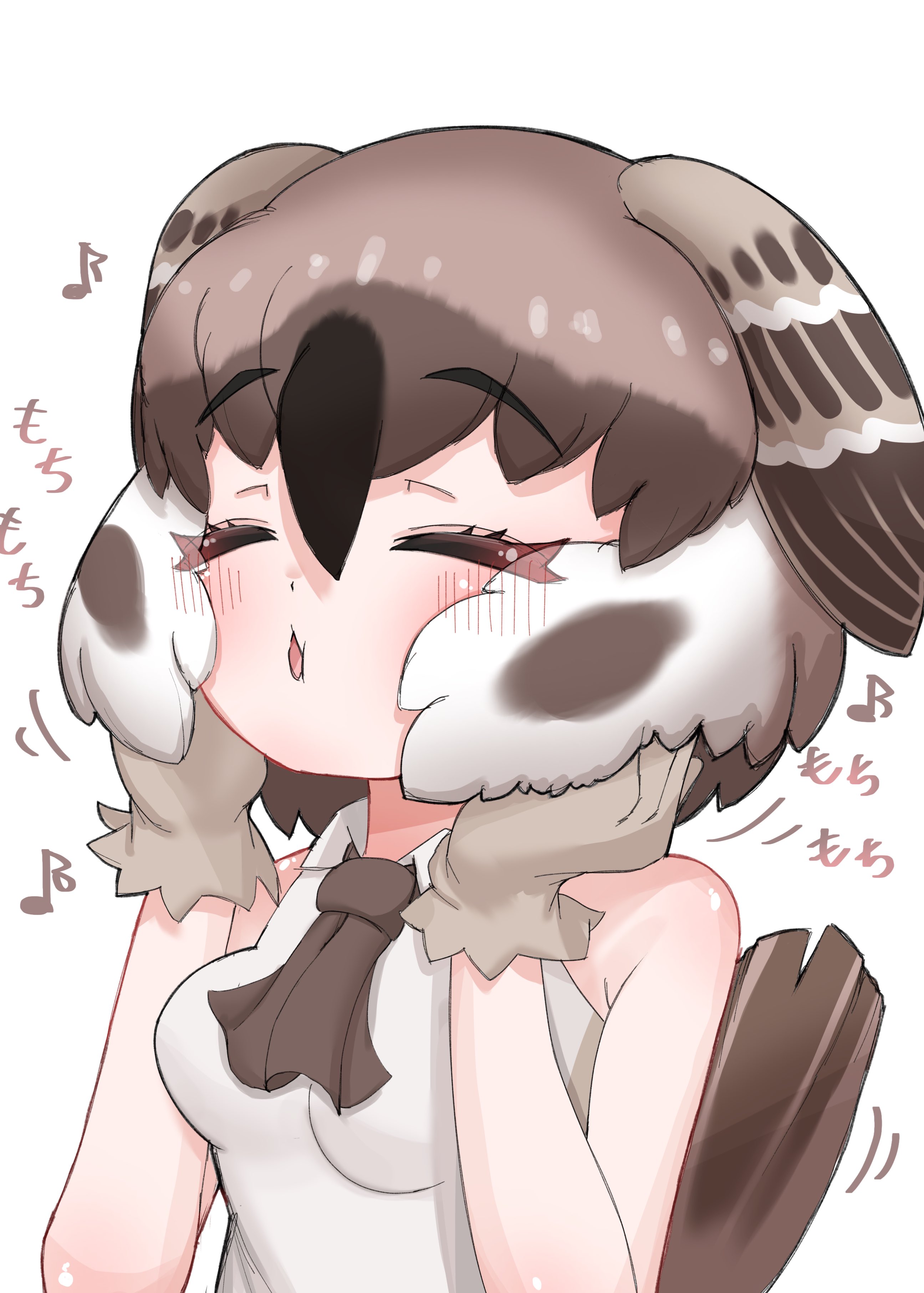 shirasupe, kemono friends, fluffy hair, absurdres, highres, translation request, 1girl, bare shoulders, bird girl, bird tail, bird wings, black hair, blush, brown gloves, brown hair, brown neckerchief, closed eyes, collared shirt, frilled gloves, frills, gloves, hair between eyes, head wings, multicolored hair, musical note, neckerchief, shirt, short hair, sidelocks, sleeveless, solo, tail, tree sparrow (kemono friends), upper body, white hair, white shirt, wings