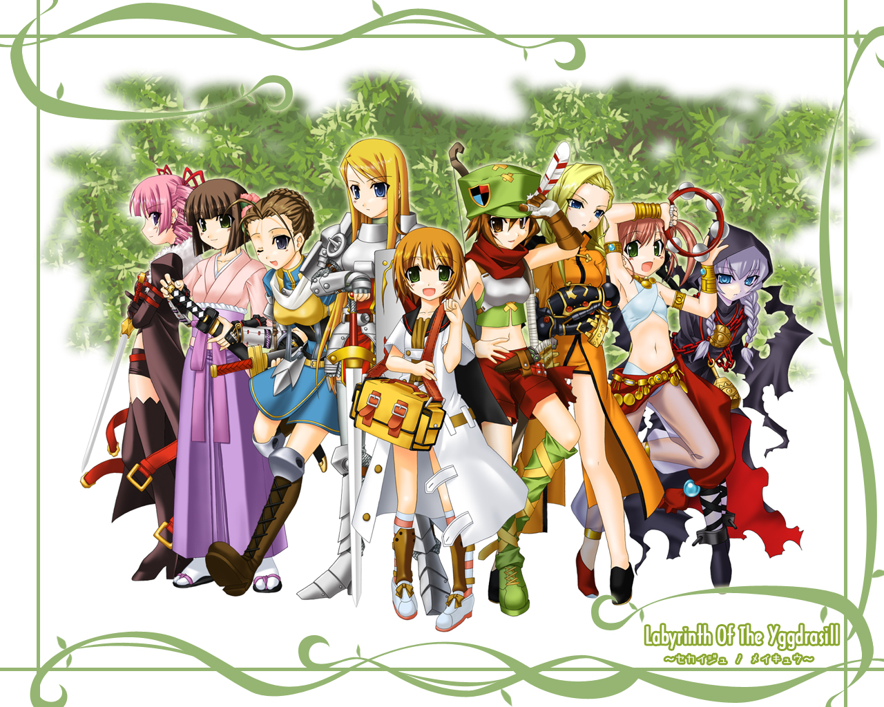 mizuna (water emp-tei), alchemist (sekaiju), alchemist 4 (sekaiju), bard (sekaiju), bard 2 (sekaiju), bushidou (sekaiju), bushidou 4 (sekaiju), curse maker, curse maker 2, dark hunter, dark hunter (sekaiju), dark hunter 4, medic (sekaiju), medic 2 (sekaiju), paladin (sekaiju), paladin 2 (sekaiju), ranger, ranger (sekaiju), ranger 2 (sekaiju), swordsman (sekaiju), swordsman 4 (sekaiju), atlus, etrian odyssey, green legwear, white legwear, annotated, 6+girls, :d, ;d, age difference, antenna hair, arm up, armband, armlet, armor, armpits, bag, bard, belt, black hair, black socks, blonde hair, blue eyes, blunt bangs, blush, bob cut, boots, border, bracer, braid, brown eyes, brown hair, cape, child, cloak, crop top, crossed arms, drill hair, duffel bag, everyone, feathers, female focus, fingerless gloves, flat chest, flower, forest, full body, gem, gloves, green boots, green eyes, hair bun, hair flower, hair ornament, hair ribbon, hakama, hakama skirt, hand on own hip, hat, high heels, holding, hood, instrument, japanese clothes, jewelry, kimono, knee boots, kneehighs, leaf, leg lift, legs, lineup, long hair, looking at viewer, looking back, midriff, multiple girls, nature, navel, newsboy cap, obi, one eye closed, open mouth, orange hair, outdoors, paladin, pants, pink hair, protector, purple eyes, purple hair, ribbon, samurai, sandals, sarong, sash, scarf, see-through clothes, sheath, shoes, short hair, short shorts, shorts, single hair bun, skirt, smile, sneakers, socks, standing, standing on one leg, strap, swept bangs, sword, tabi, tambourine, thigh boots, thighhighs, torn clothes, twin braids, twin drills, twintails, weapon, wink, zettai ryouiki