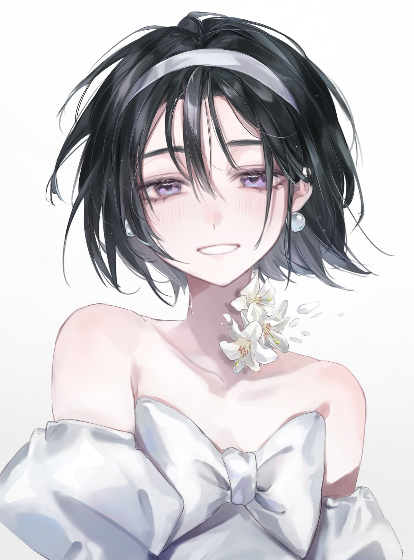 moruru 08, sua (alien stage), alien stage, white lily, highres, 1girl, bare shoulders, black hair, bow, collarbone, dress, earrings, flower, hairband, jewelry, lily (flower), neck flower, neck tattoo, off-shoulder dress, off shoulder, pearl earrings, portrait, purple eyes, short hair, smile, solo, sphere earrings, tattoo, white bow, white dress, white flower, white hairband