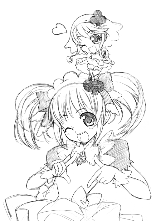 skirthike, yuuma (skirthike), 2girls, greyscale, monochrome, multiple girls, sketch, twintails