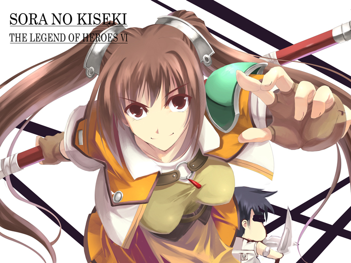 satomi (black scarecrow), estelle bright, joshua bright, eiyuu densetsu, falcom, sora no kiseki, 1boy, 1girl, breasts, fingerless gloves, gloves, knife, orange skirt, skirt, twintails