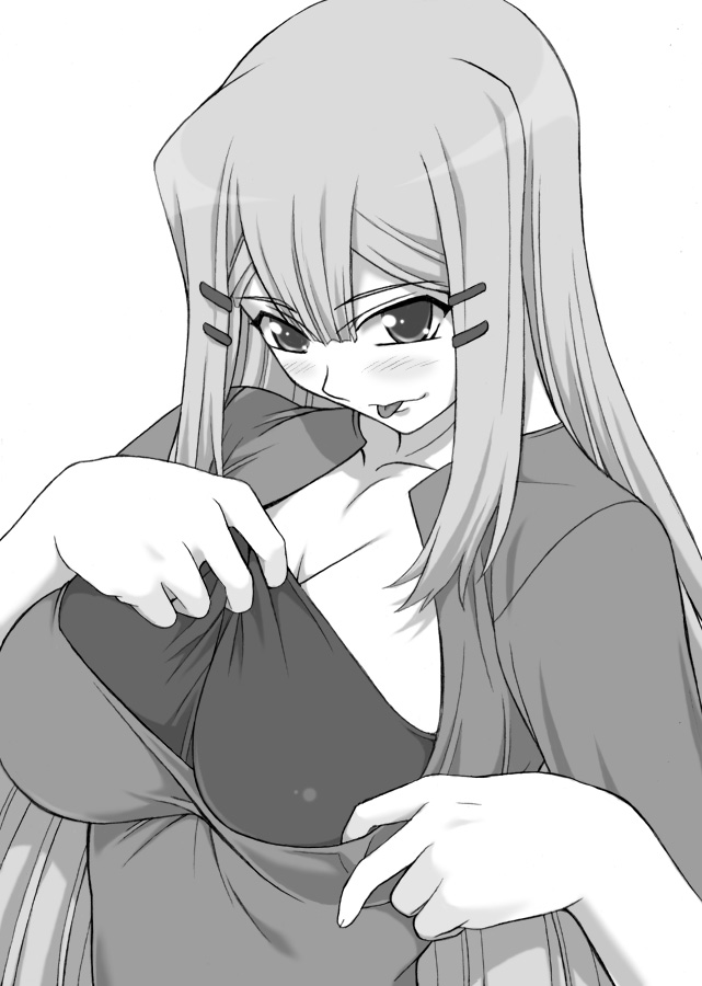 shichimenchou, louise halevy, gundam, gundam 00, 00s, 1girl, adjusting clothes, blush, breasts, female focus, greyscale, huge breasts, long hair, monochrome, simple background, solo, tongue, tongue out, upper body, white background