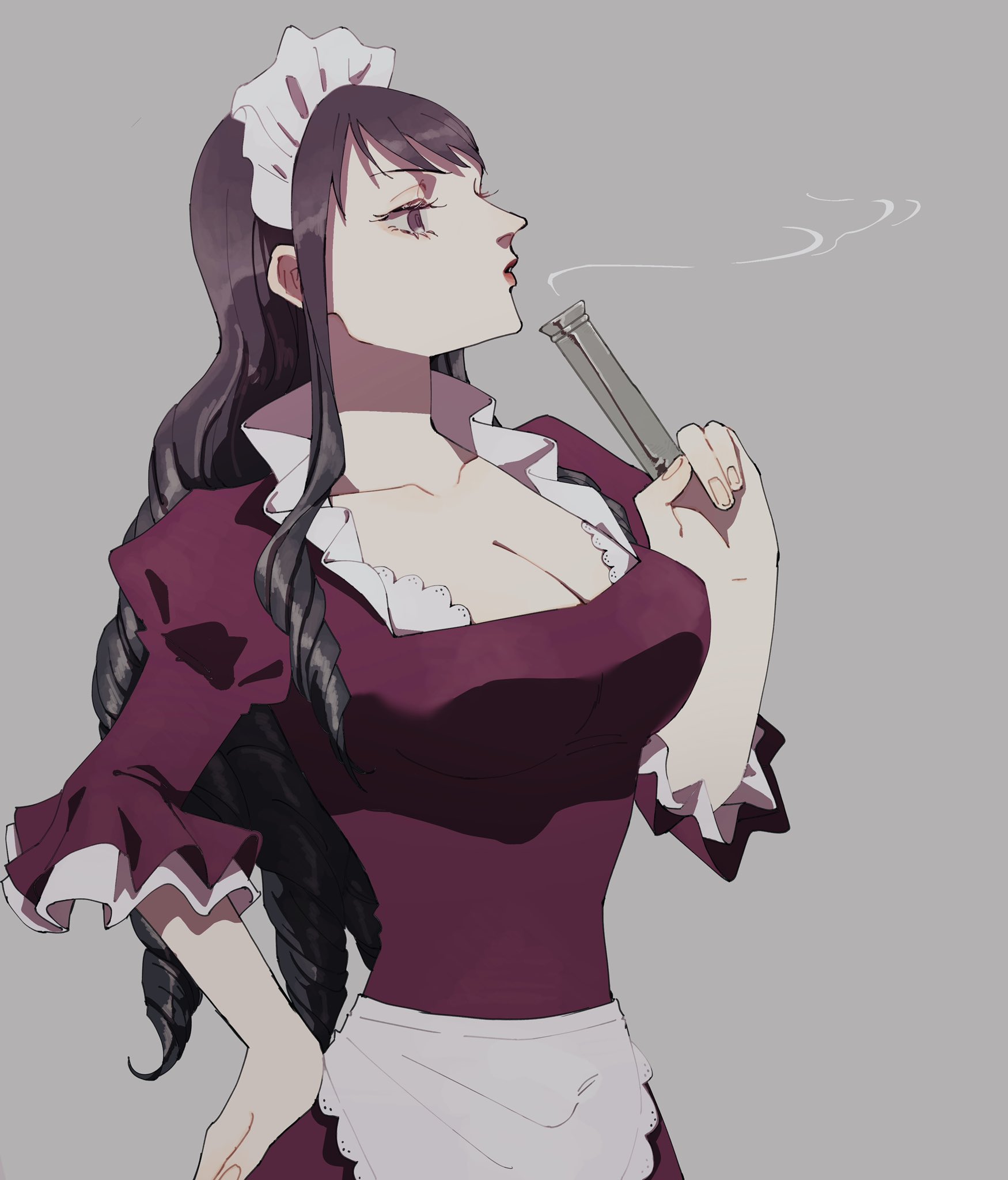 oh imo, baby 5, one piece, commentary request, highres, 1girl, apron, black hair, dress, drill hair, eyelashes, hand on own hip, long hair, profile, purple dress, simple background, smoke, solo, white apron