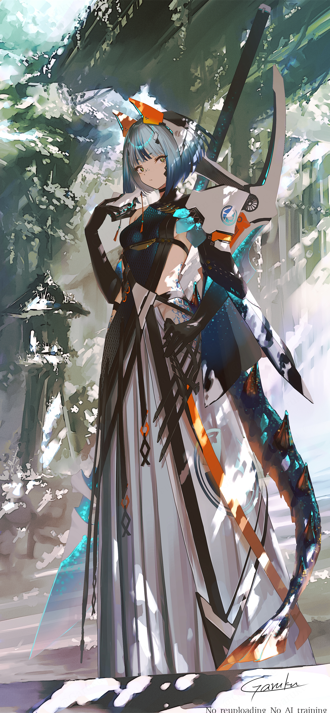 garuku, original, absurdres, highres, 1girl, black gloves, blue hair, dress, elbow gloves, fins, fish tail, gloves, high detail, horns, japanese clothes, leotard, medium hair, multicolored hair, orange horns, solo, split-color hair, tail, techwear, weapon, weapon on back, white dress, white hair