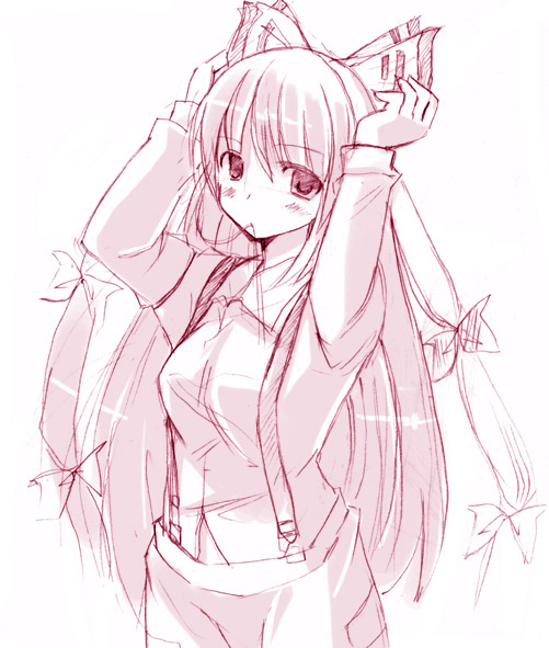 seo tatsuya, fujiwara no mokou, touhou, 1girl, female focus, monochrome, pink theme, sketch, solo, suspenders