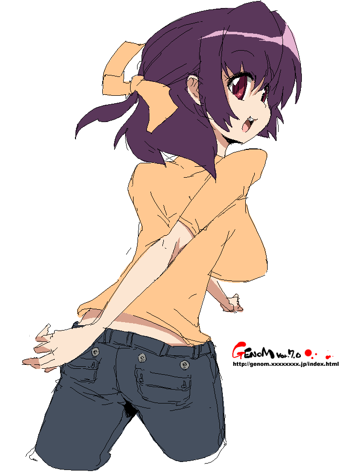 onija tarou, original, 1girl, bad anatomy, breasts, female focus, hair ribbon, large breasts, looking back, oekaki, purple hair, red eyes, ribbon, solo