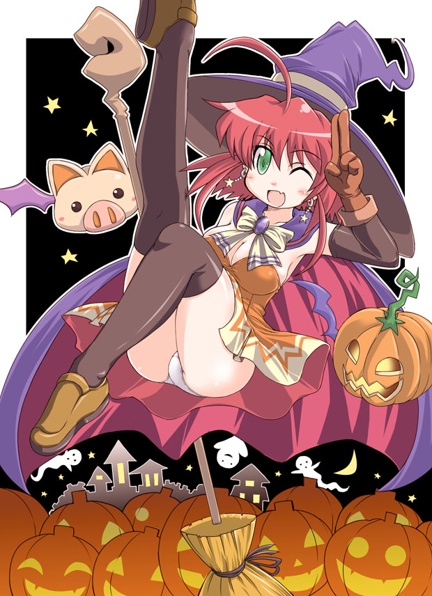 naitou kouse, alice wishheart, naitou, magical halloween, 1girl, black thighhighs, bow, broom, broom riding, detached collar, earrings, female focus, halloween, jack-o'-lantern, jewelry, leg up, orange skirt, panties, pantyshot, pig, pumpkin, ribbon, skirt, solo, star (symbol), star earrings, thighhighs, underwear, upskirt, v, white panties, witch