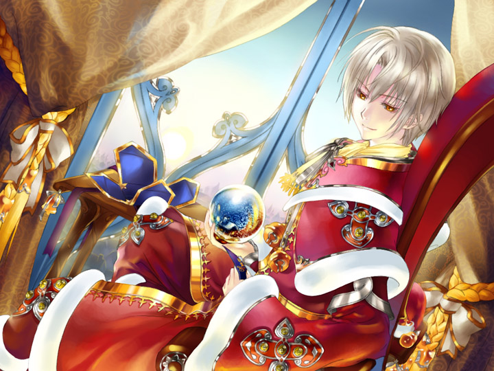 jane mere, original, 1boy, bishounen, blonde hair, brown hair, capelet, chair, christmas, curtains, dutch angle, fur trim, gem, indoors, jewelry, king, looking down, male focus, orb, robe, santa costume, sitting, solo, throne, white hair, window, yellow eyes