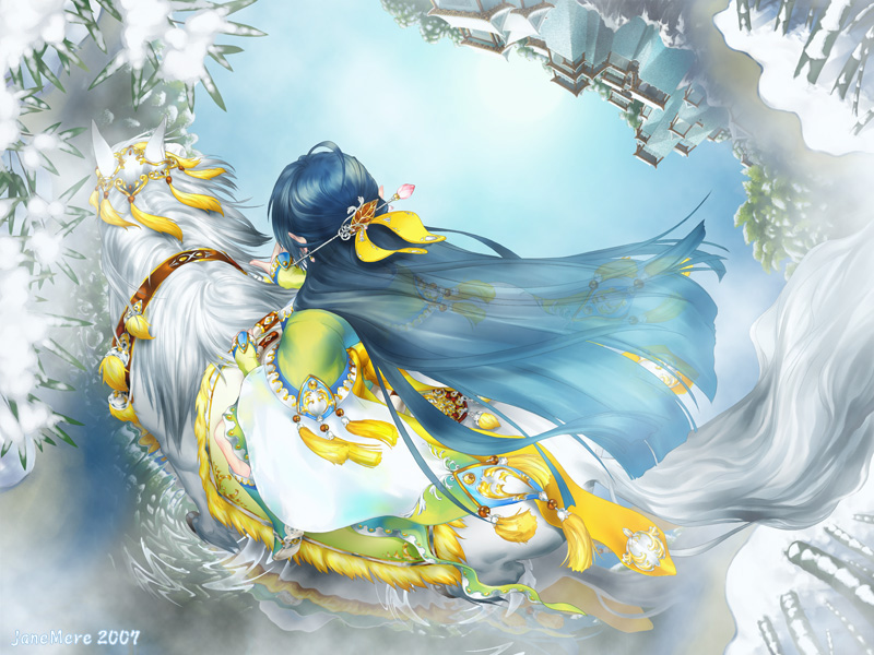 jane mere, original, 1girl, black hair, blue hair, female focus, horse, horseback riding, jewelry, long hair, reflection, riding, ripples, snow, solo, water