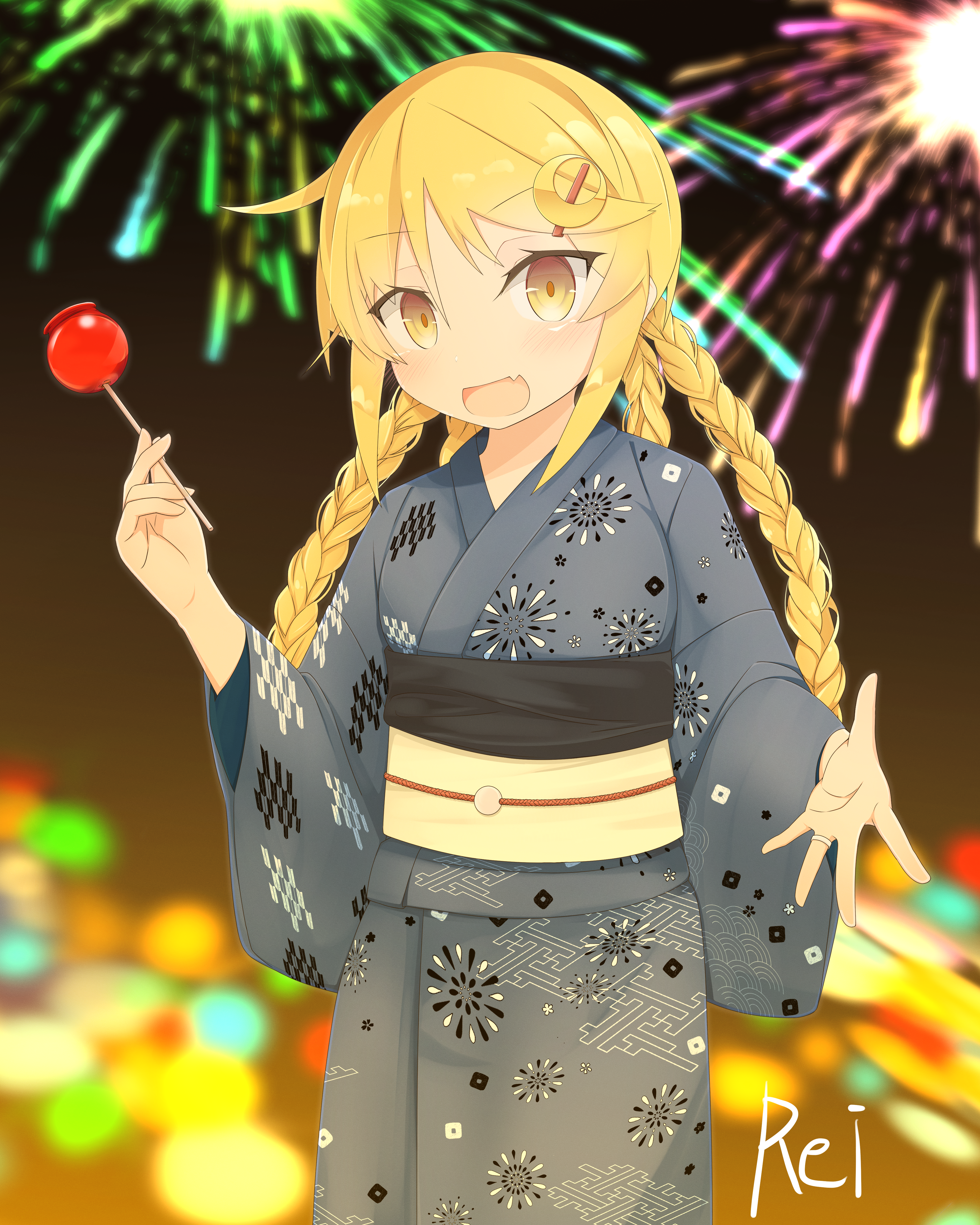 etsuransha no rei, satsuki (kancolle), satsuki kai ni (kancolle), kantai collection, absurdres, highres, 1girl, artist name, blonde hair, braid, candy apple, crescent, crescent hair ornament, fang, fireworks, food, grey kimono, hair ornament, hairpin, japanese clothes, kimono, low twin braids, low twintails, open mouth, skin fang, smile, solo, twin braids, twintails, yellow eyes, yukata