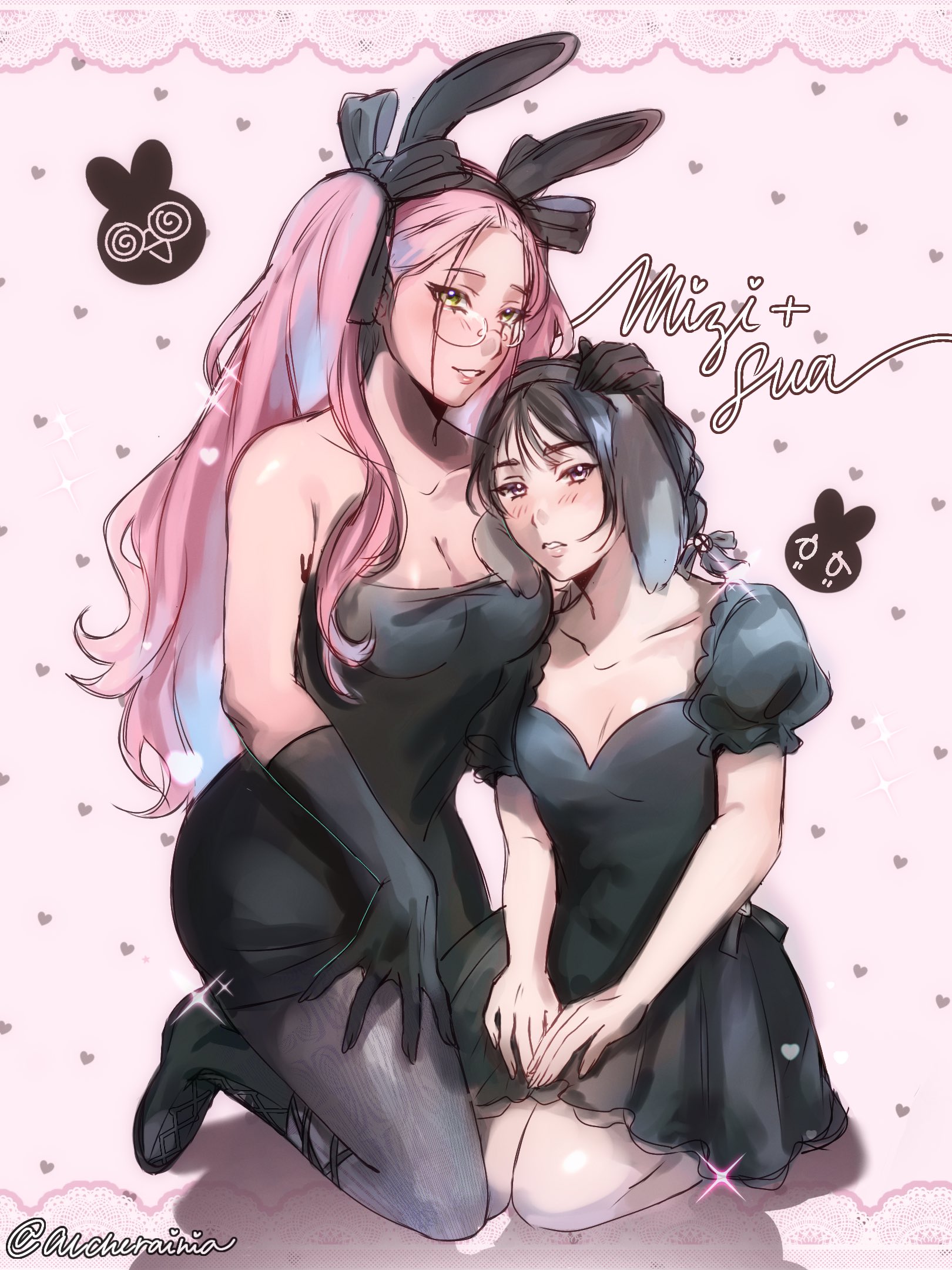 alcherainia, mizi (alien stage), sua (alien stage), alien stage, commentary, english commentary, highres, 2girls, animal ears, arm tattoo, black dress, black pantyhose, black shoes, character name, dress, fake animal ears, glasses, grey eyes, hand on another's head, heart, kneeling, long hair, multiple girls, official alternate costume, pantyhose, puffy short sleeves, puffy sleeves, rabbit ears, shoes, short sleeves, sitting, strapless, strapless dress, tattoo, two side up, very long hair, yellow eyes