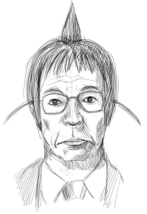 divine (scfworks), ogiue chika, ogiue kouichi, genshiken, 1boy, greyscale, male focus, monochrome, parody, simple background, sketch, solo, what, white background