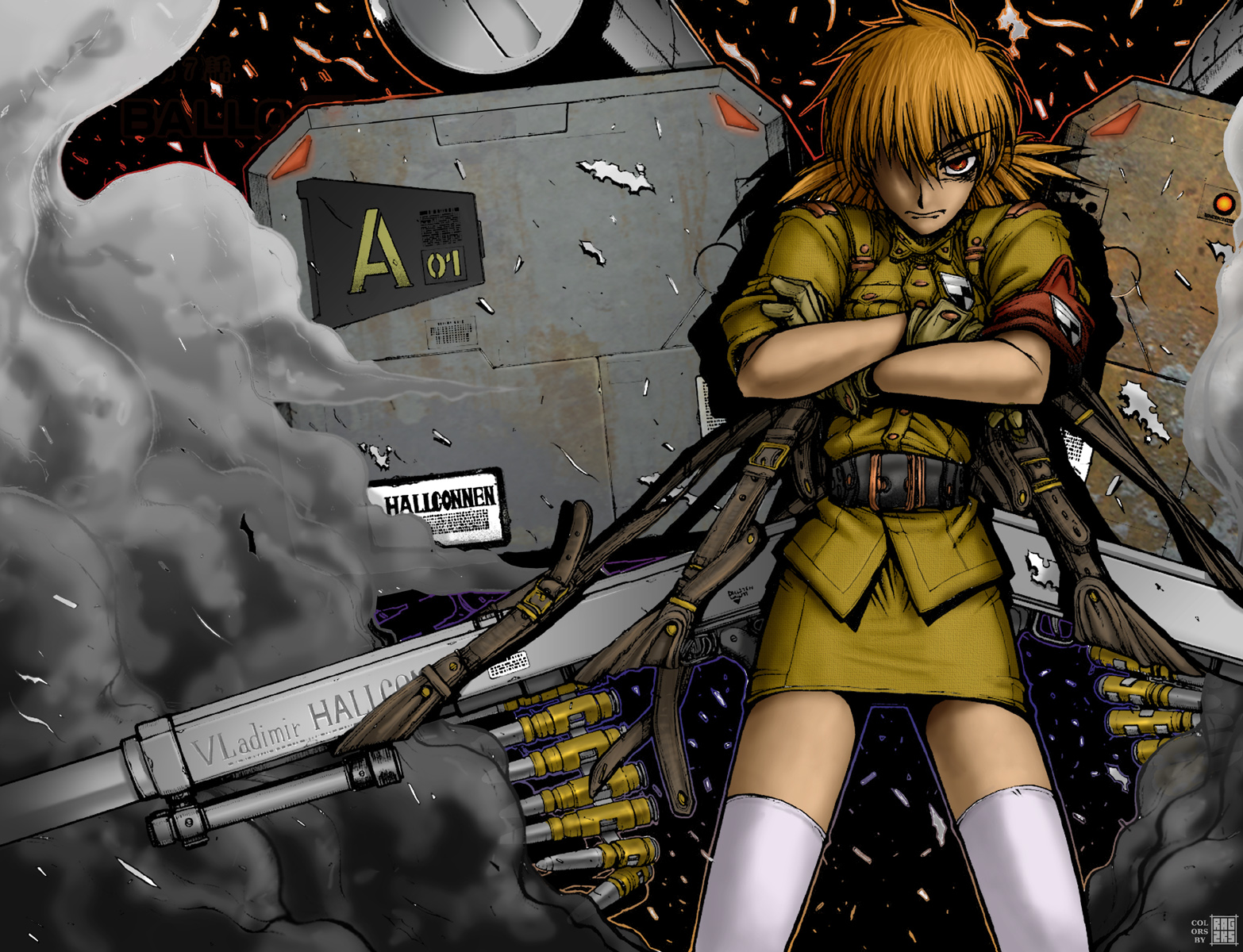 seras victoria, hellsing, uniform, highres, 1girl, ammunition, ammunition belt, anti-materiel cartridge, autocannon, blonde hair, cannon, cannon cartridge, crossed arms, explosive, female focus, grenade, grenade cartridge, gun, hair over one eye, harkonnen ii, miniskirt, red eyes, rifle grenade, skirt, solo, thighhighs, vampire, vladimir (hellsing), weapon, zettai ryouiki