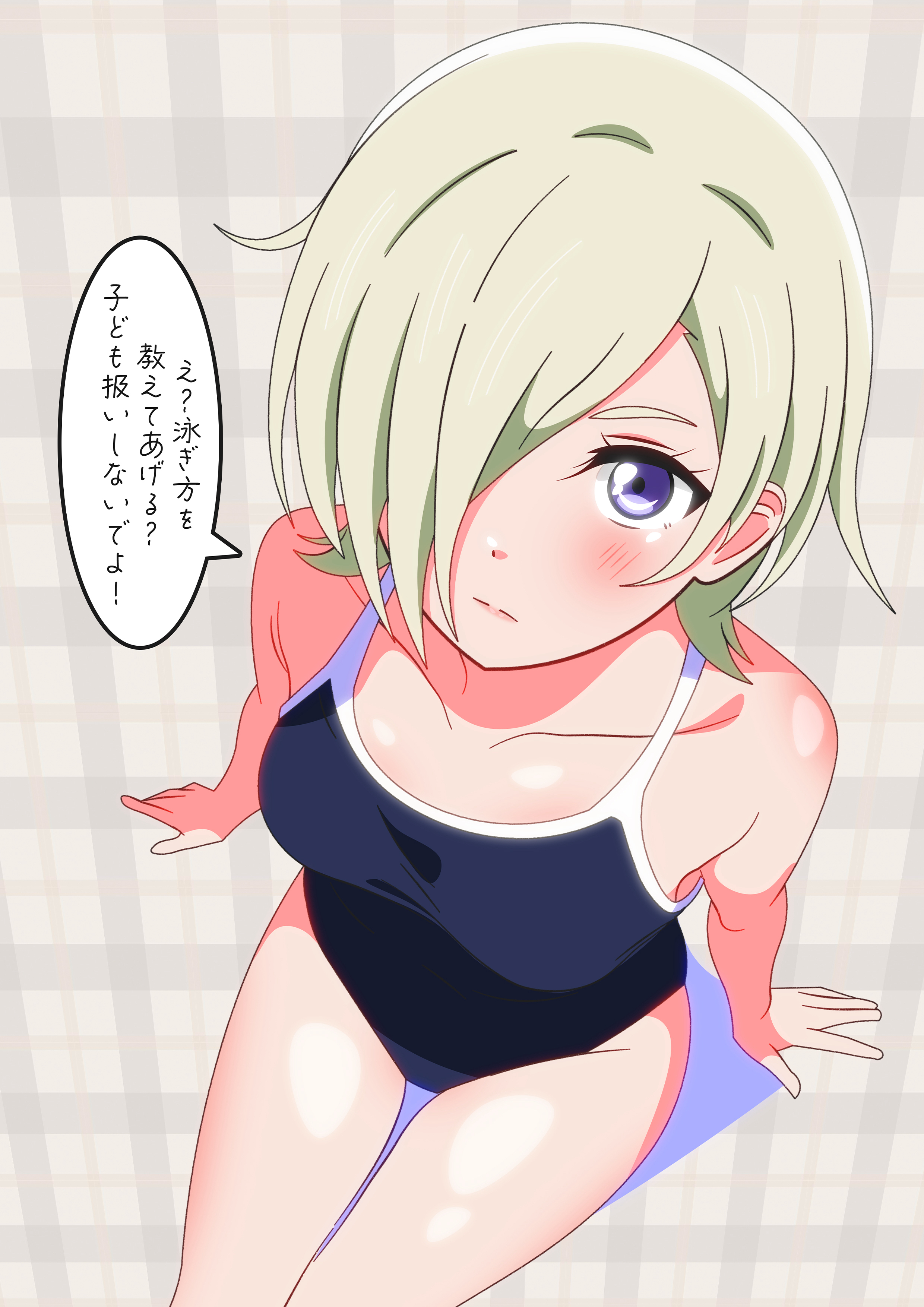 shinonome sakura, mia taylor, love live!, love live! nijigasaki high school idol club, absurdres, commentary request, highres, translation request, 1girl, blue one-piece swimsuit, breasts, competition school swimsuit, feet out of frame, from above, grey background, grey hair, hair over one eye, one-piece swimsuit, plaid background, purple eyes, school swimsuit, short hair, small breasts, solo, swimsuit