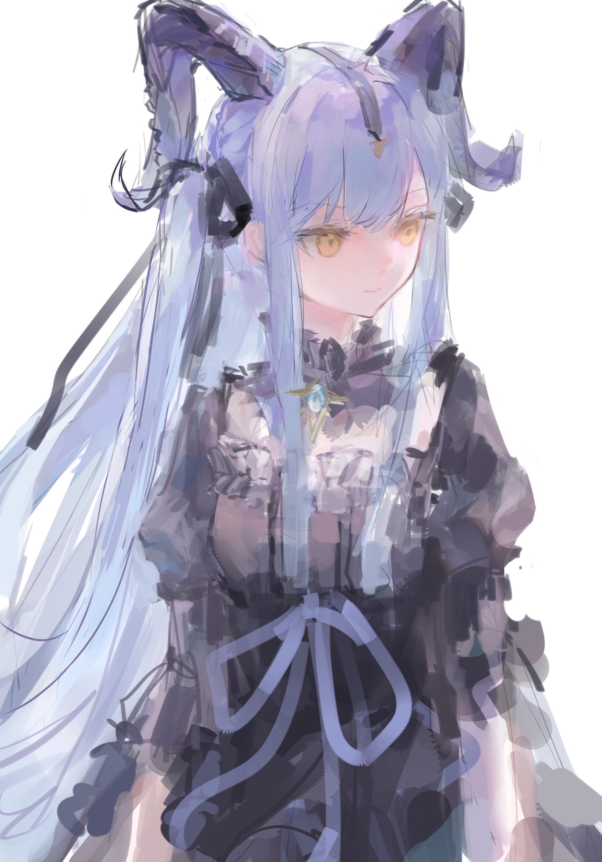 togawa sakiko, arknights, bang dream!, bang dream! it's mygo!!!!!, absurdres, chinese commentary, commentary request, commission, highres, 1girl, black dress, black horns, black ribbon, blue hair, closed mouth, cowboy shot, curled horns, detached collar, dress, hair ribbon, horns, long hair, looking to the side, ribbon, sidelocks, simple background, solo, togawa sakiko (master of melodia), two side up, white background, yellow eyes, ziko (xuke)