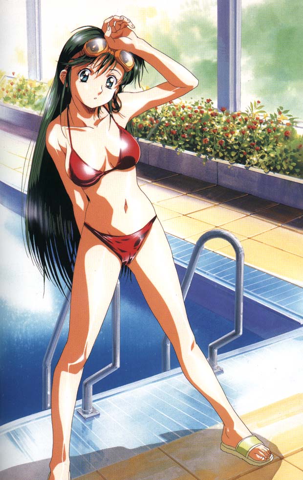 kawarajima kou, nanbara chizuru, choudenji robo combattler v, sunrise (company), toei company, 1970s (style), 1girl, bare shoulders, bikini, blue eyes, breasts, cameltoe, cleavage, collarbone, feet, female focus, flower, goggles, goggles on head, green hair, legs apart, long hair, navel, oldschool, pool, pool ladder, poolside, red bikini, retro artstyle, sandals, solo, standing, swimsuit, toes, very long hair, water