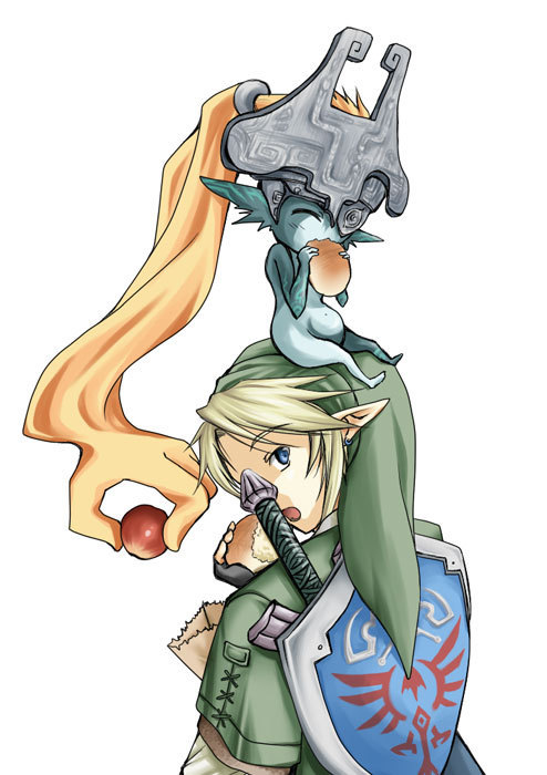 link, midna, nintendo, the legend of zelda, the legend of zelda: twilight princess, jpeg artifacts, 1boy, 1girl, apple, blonde hair, bread, earrings, food, fruit, green tunic, hylian shield, jewelry, pointy ears, prehensile hair, shield, shield on back, sword, tunic, weapon