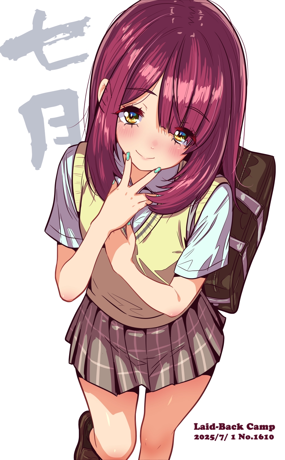 jagi (jagi souken), toki ayano, yurucamp, highres, 1girl, 2025, aqua nails, bag, blue shirt, blue sleeves, blush, brown shoes, closed mouth, copyright name, dated, grey skirt, loafers, long hair, looking at viewer, miniskirt, nail polish, pleated skirt, purple hair, school bag, shirt, shoes, short sleeves, skirt, smile, solo, standing, standing on one leg, straight hair, sweater vest, white background, yellow eyes, yellow sweater vest
