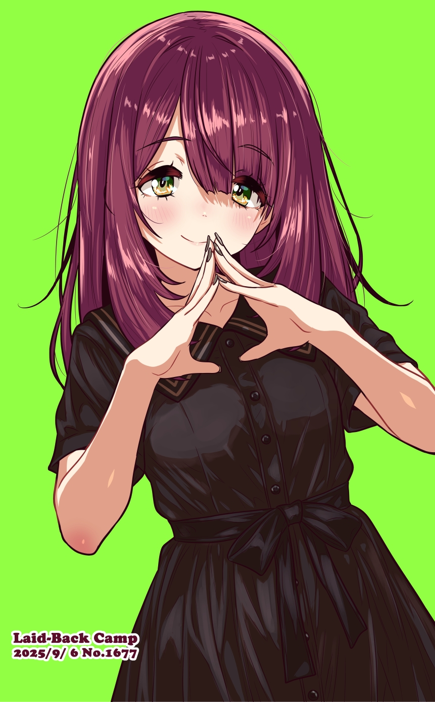 jagi (jagi souken), toki ayano, yurucamp, highres, 1girl, 2025, black dress, black nails, blush, closed mouth, collarbone, copyright name, dated, dress, green background, green eyes, hair between eyes, long hair, looking at viewer, nail polish, purple hair, short sleeves, simple background, smile, solo, standing, straight hair