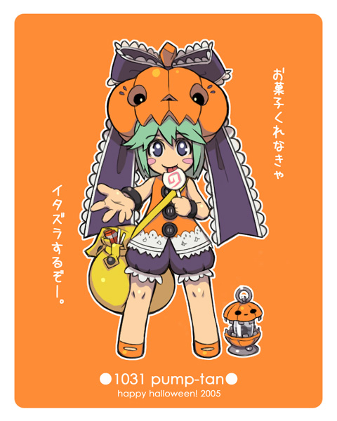 maruta kentarou, 00s, 1girl, 2005, blush stickers, bow, candy, chibi, female focus, food, frills, green hair, hair bow, halloween, happy halloween, jack-o'-lantern, lantern, licking, lollipop, no nose, orange background, outstretched hand, pumpkin, pumpkin hat, purple eyes, shoes, short hair, shorts, smile, solo, swirl lollipop, tongue