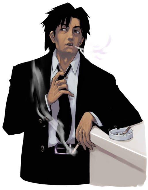 maruta kentarou, 1boy, ashtray, cigarette, formal clothes, male focus, necktie, smoking, solo, suit, white background