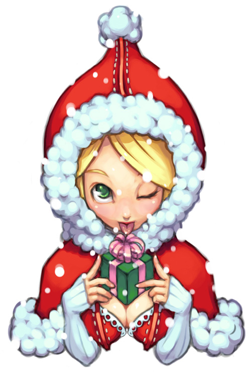 maruta kentarou, 1girl, :p, blonde hair, breasts, christmas, cleavage, female focus, gift, green eyes, holding, holding gift, medium breasts, one eye closed, santa costume, solo, tongue, tongue out, wink