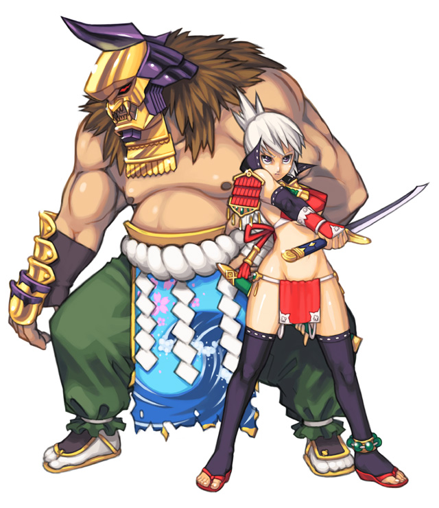 maruta kentarou, 1boy, 1girl, armor, black thighhighs, breasts, katana, legs, medium breasts, no panties, pauldrons, rope, samurai, sandals, shide, shimenawa, short hair, shoulder armor, sword, thighhighs, thighs, weapon, white hair